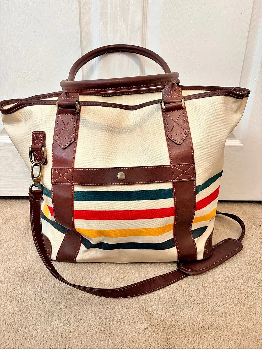 Pendleton Glacier Stripe Long Canvas Weekender Tote Cream & Brown - Picture 2 of 7